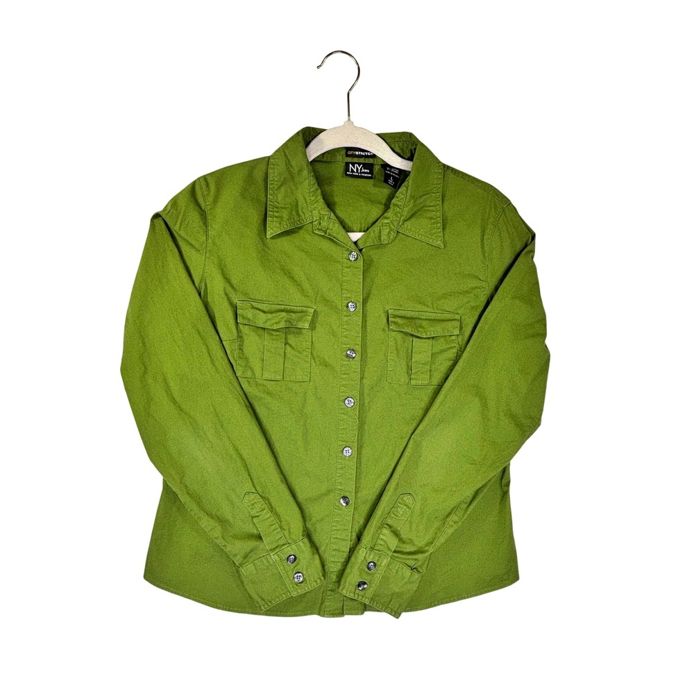 NY Jeans New York & Company Olive Green City Stretch Button Down Shirt Large